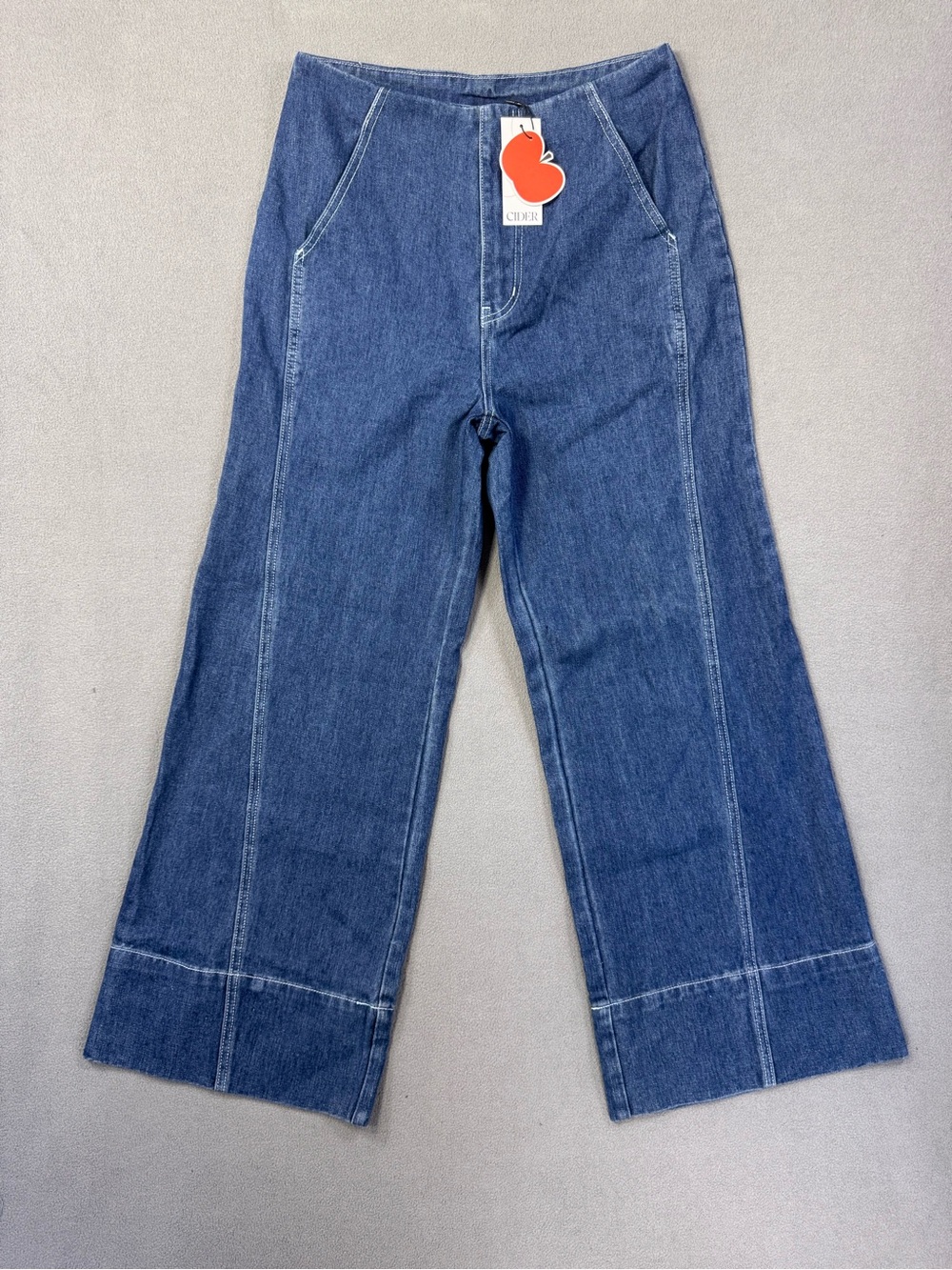 Cider Wide Leg Cropped Seam Panel Blue Denim 70’s Style Jeans, Size Medium - Picture 3 of 14
